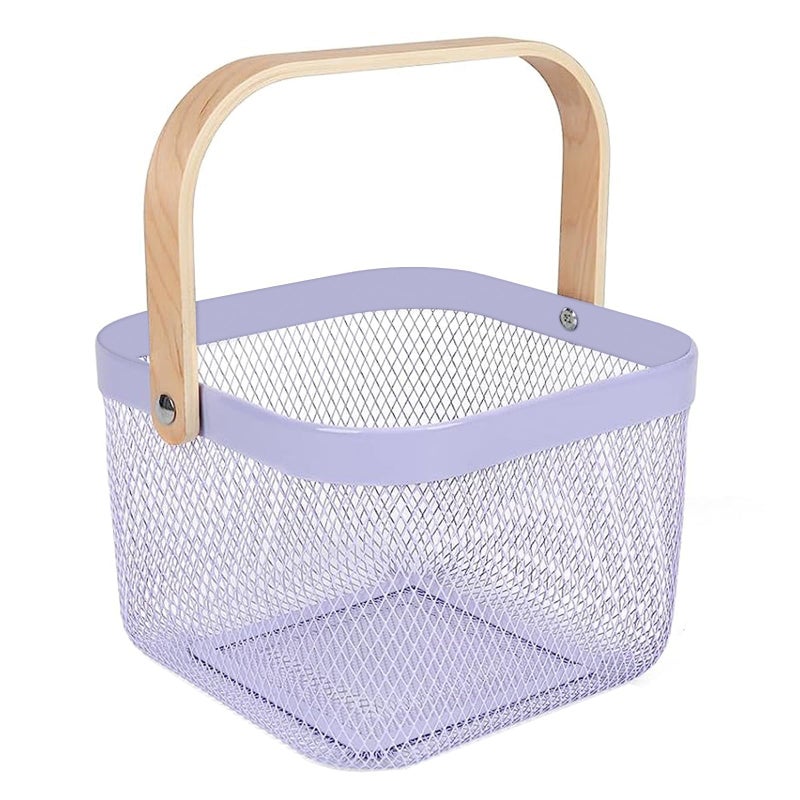 AJIODA Metal Mesh Steel Basket, Storage Organizer Basket Multi-functional Hanging Kitchen Baskets Fruit Basket Bin with Bamboo Handle for Kitchen Bathroom Picnic Shopping Decor Cabinet Home, Purple - Image 1