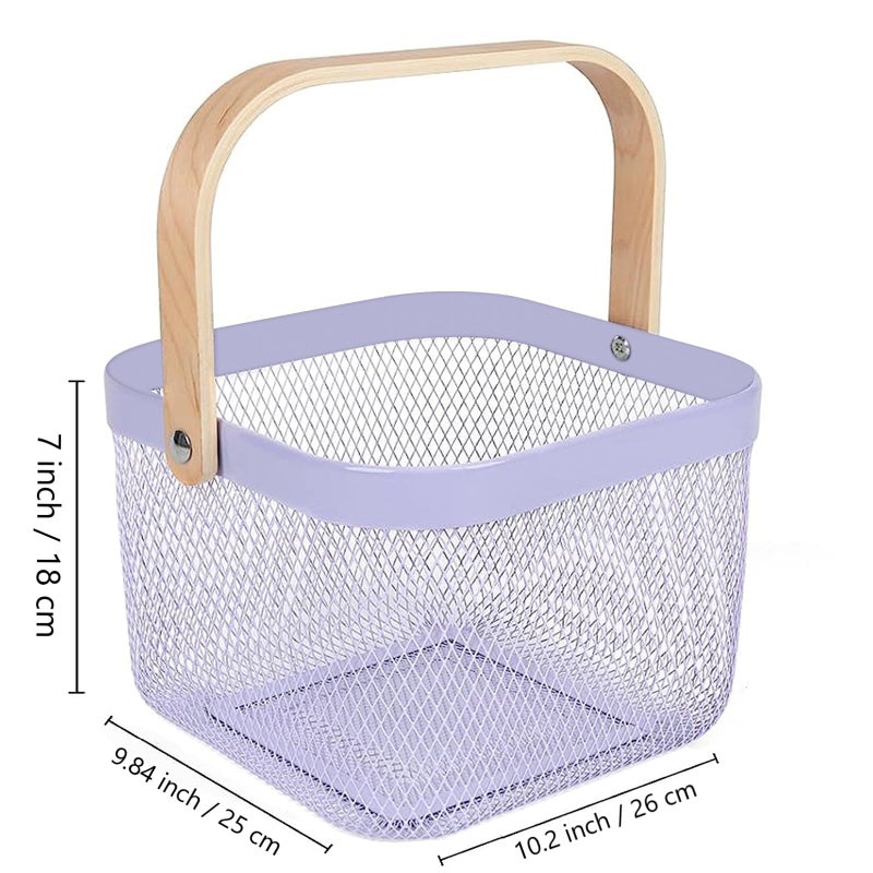 AJIODA Metal Mesh Steel Basket, Storage Organizer Basket Multi-functional Hanging Kitchen Baskets Fruit Basket Bin with Bamboo Handle for Kitchen Bathroom Picnic Shopping Decor Cabinet Home, Purple - Image 5