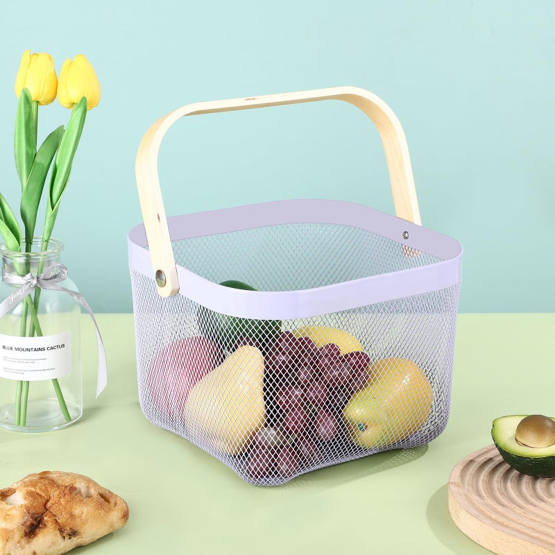AJIODA Metal Mesh Steel Basket, Storage Organizer Basket Multi-functional Hanging Kitchen Baskets Fruit Basket Bin with Bamboo Handle for Kitchen Bathroom Picnic Shopping Decor Cabinet Home, Purple - Image 2