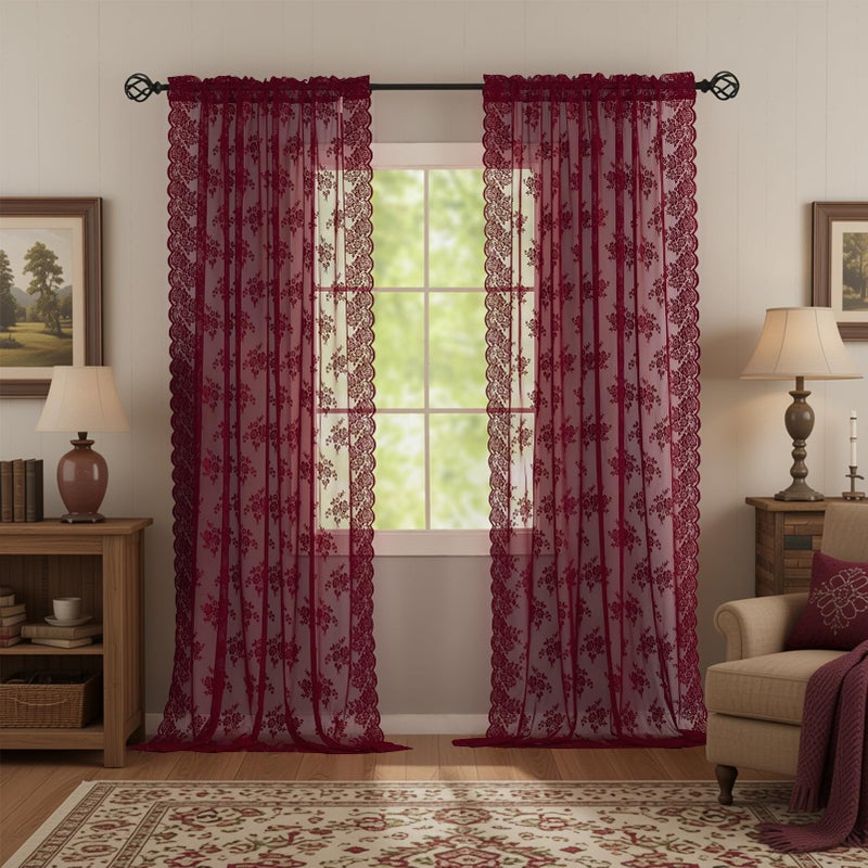 Kotile Burgundy Sheer Curtains 84 Inches Long 2 Panels Cottagecore Floral Maroon Lace Curtains for Living Room, Rod Pocket Light Filtering & Privacy Vintage Sheer Window Curtain 7FT, W52 x L84 Inch - Image 1
