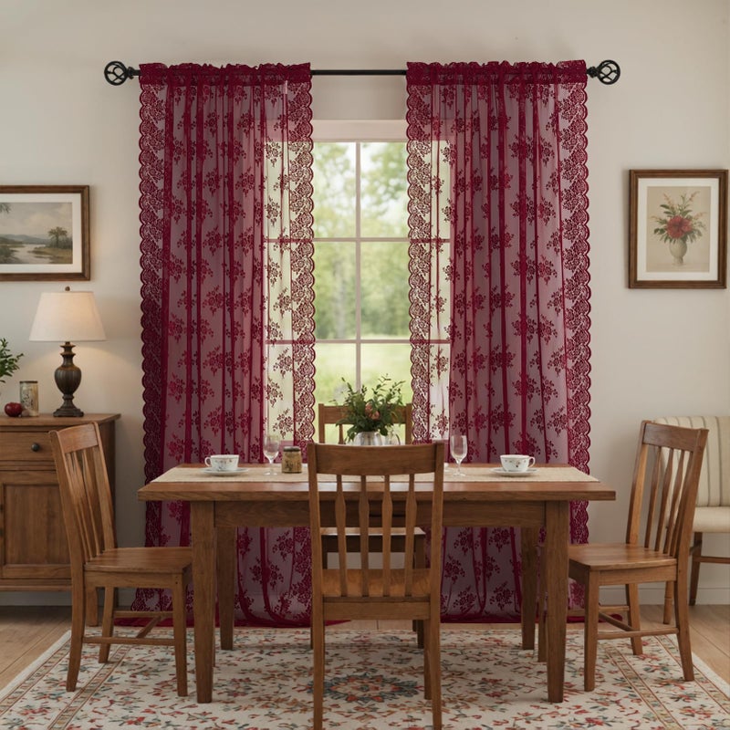 Kotile Burgundy Sheer Curtains 84 Inches Long 2 Panels Cottagecore Floral Maroon Lace Curtains for Living Room, Rod Pocket Light Filtering & Privacy Vintage Sheer Window Curtain 7FT, W52 x L84 Inch - Image 4