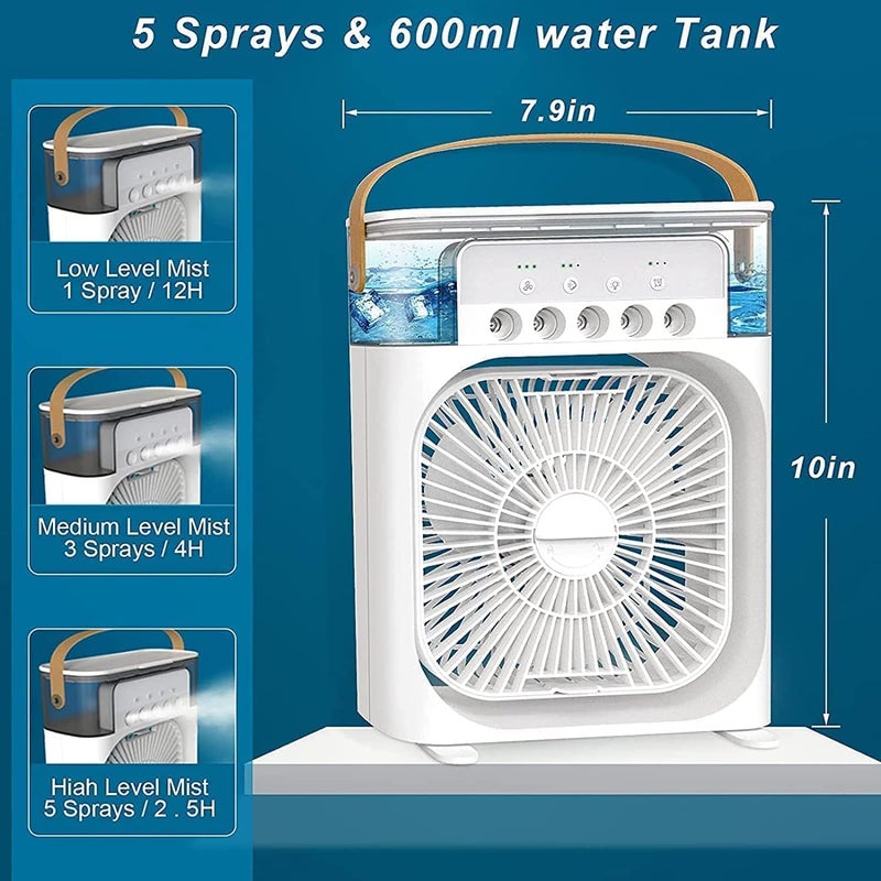 DOEASY DOEASY Portable Humidifier Air Cooler Mist Fan Mini Table Fan for Home with 3 Speed Mode with Water Spray 7 Color LED Timer USB Personal Cooler Desk Fan for Shop Office Kitchen MultiColour  - Image 2