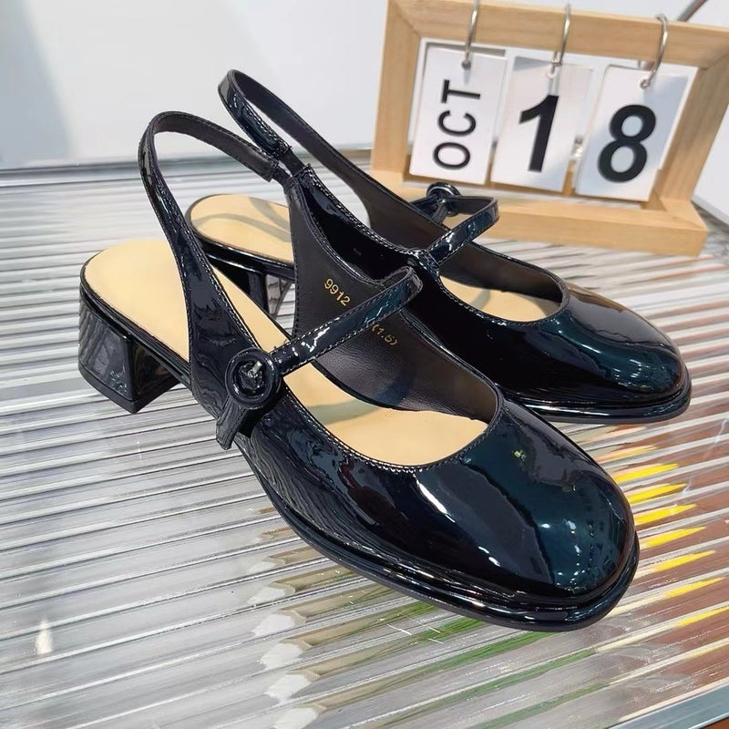Versatile And Stylish Genuine Leather Round-Toe Backless Platform Sandals With A Fashionable Square Heel, Stunning High Heels And Low Heels - Image 5