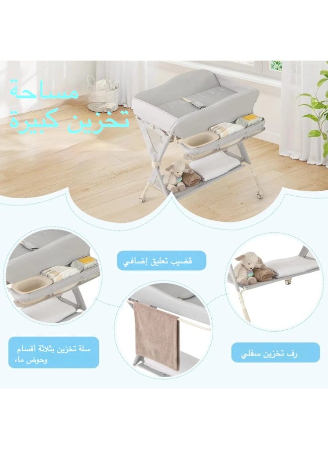 Apexll - Portable and Foldable Baby Changing Table with Wheels and Reinforced Lift Platform – Beige Nursery Organizer for Newborn Essentials - Image 1