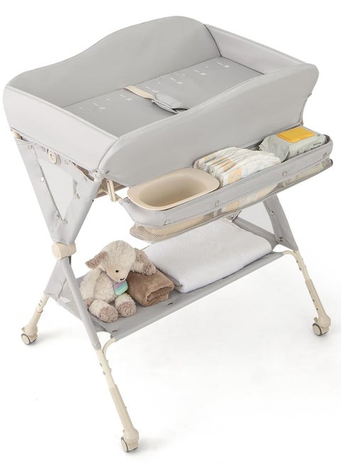 Portable and Foldable Baby Changing Table with Wheels and Reinforced Lift Platform – Beige Nursery Organizer for Newborn Essentials