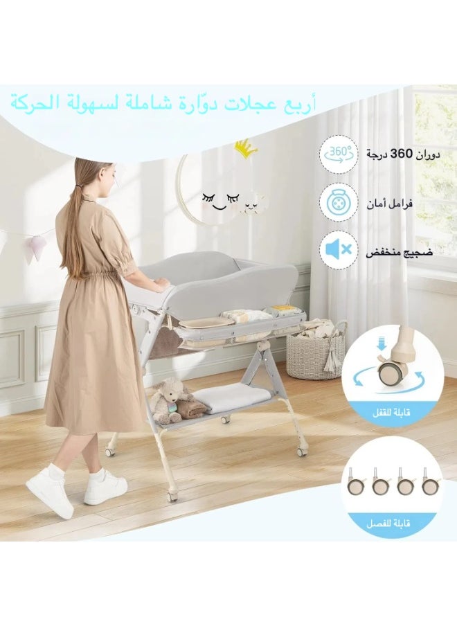 Apexll - Portable and Foldable Baby Changing Table with Wheels and Reinforced Lift Platform – Beige Nursery Organizer for Newborn Essentials - Image 1