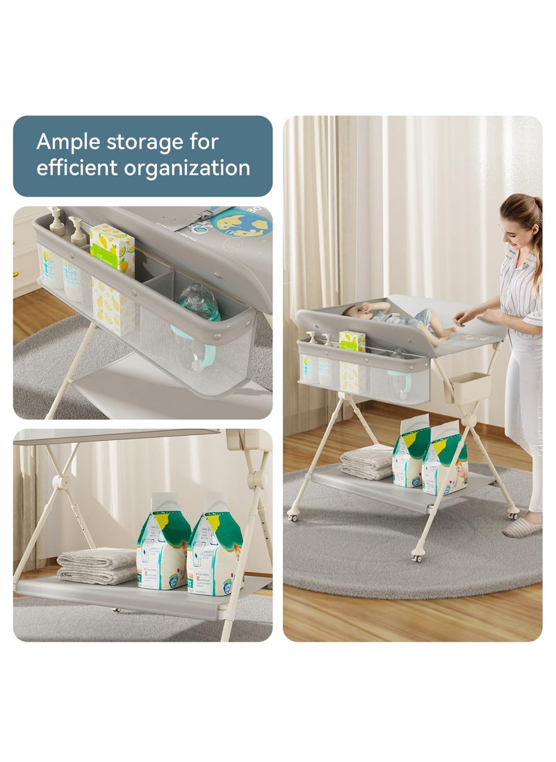 Apexll - Portable and Foldable Baby Changing Table with Wheels and Reinforced Lift Platform – Beige Nursery Organizer for Newborn Essentials - Image 1