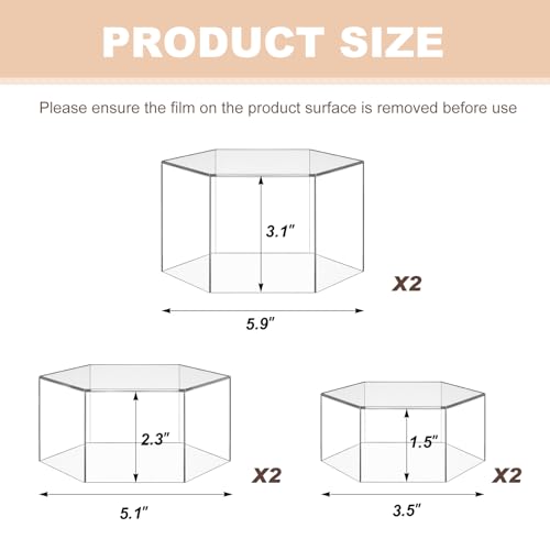 Jerify 6 Pcs Acrylic Risers Display Stands, 5.91'' 5.12'' 3.54'', Clear Hexagon Nesting Pedestal Shelf with Hollow Bottom for Tabletop Jewelry Display, 3 Sized - Image 2