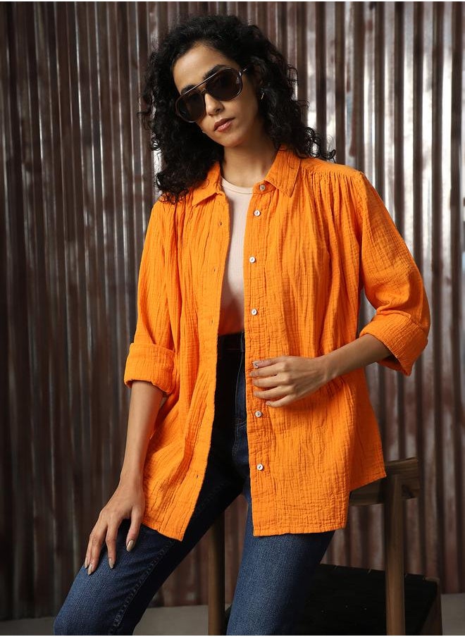 HIGH STAR Women Relaxed Spread Collar Textured Cotton Oversized Casual Shirt  - Image 1