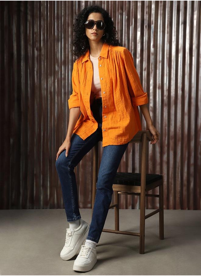 HIGH STAR Women Relaxed Spread Collar Textured Cotton Oversized Casual Shirt  - Image 2