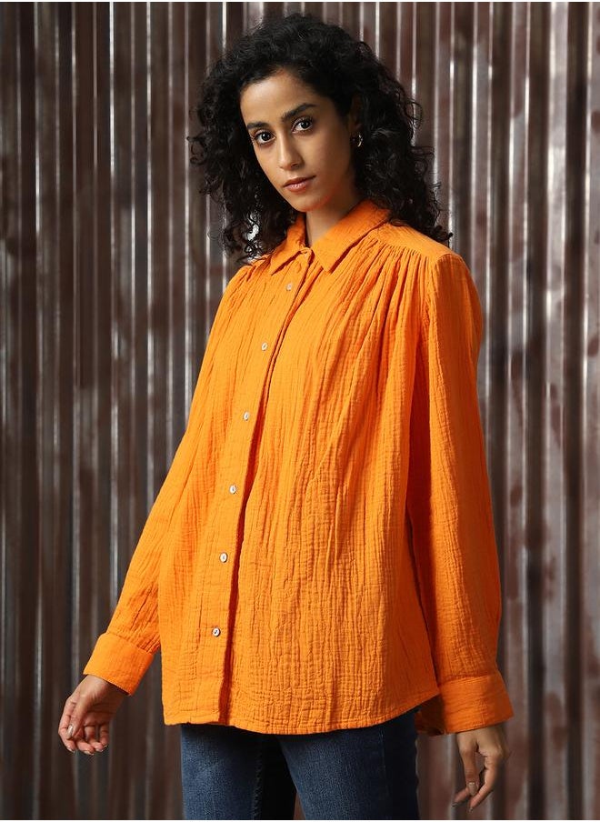 HIGH STAR Women Relaxed Spread Collar Textured Cotton Oversized Casual Shirt  - Image 3