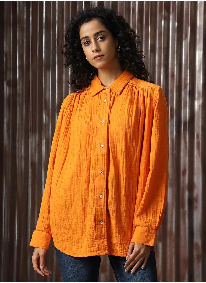 HIGH STAR Women Relaxed Spread Collar Textured Cotton Oversized Casual Shirt  - Image 5