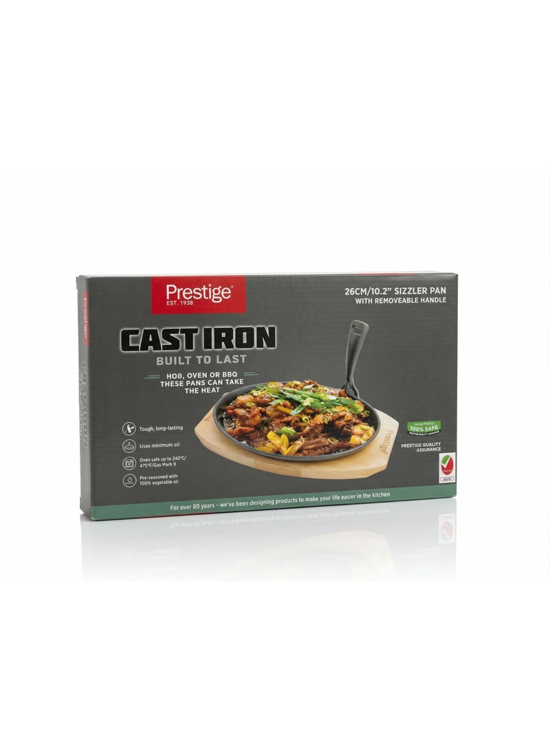 Prestige Pre-Seasoned Cast Iron Sizzler Pan 26cm | Sizzling Steak Plate with Wooden Base | Premium and Durable Cast Iron Griddle - PR50205