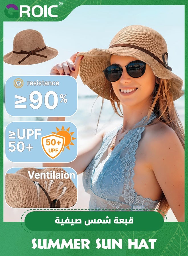 GROIC Summer Sun Hats for Women,Wide Brim Beach Hats for Women UPF 50+ Travel Foldable Beach Hat,Beach Hats for Sun Protection - Image 3