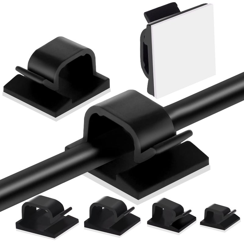 Hoiny Adhesive Cable Management Clips, 60pcs Adhesive Cable Clips Wire Clips, Plastic Cable Organisers Sticky Wire Clips Wire Cord Holder, 4 Sizes (Black) - Image 1