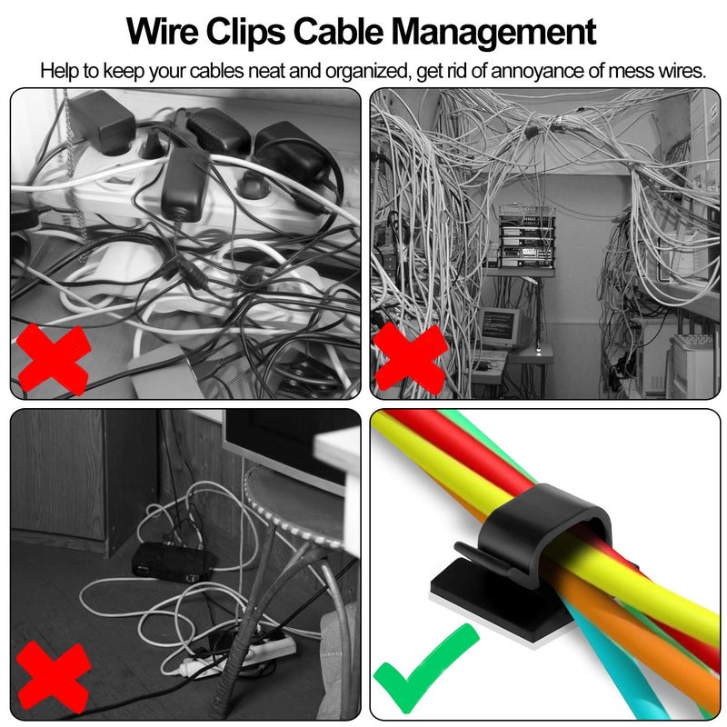 Hoiny Adhesive Cable Management Clips, 60pcs Adhesive Cable Clips Wire Clips, Plastic Cable Organisers Sticky Wire Clips Wire Cord Holder, 4 Sizes (Black) - Image 2