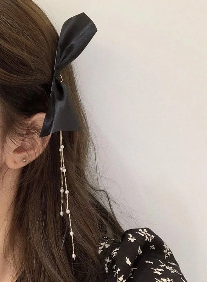 تايك تو Pack of 2 - Black Bow Hair Clip with Pearl Chain Charm