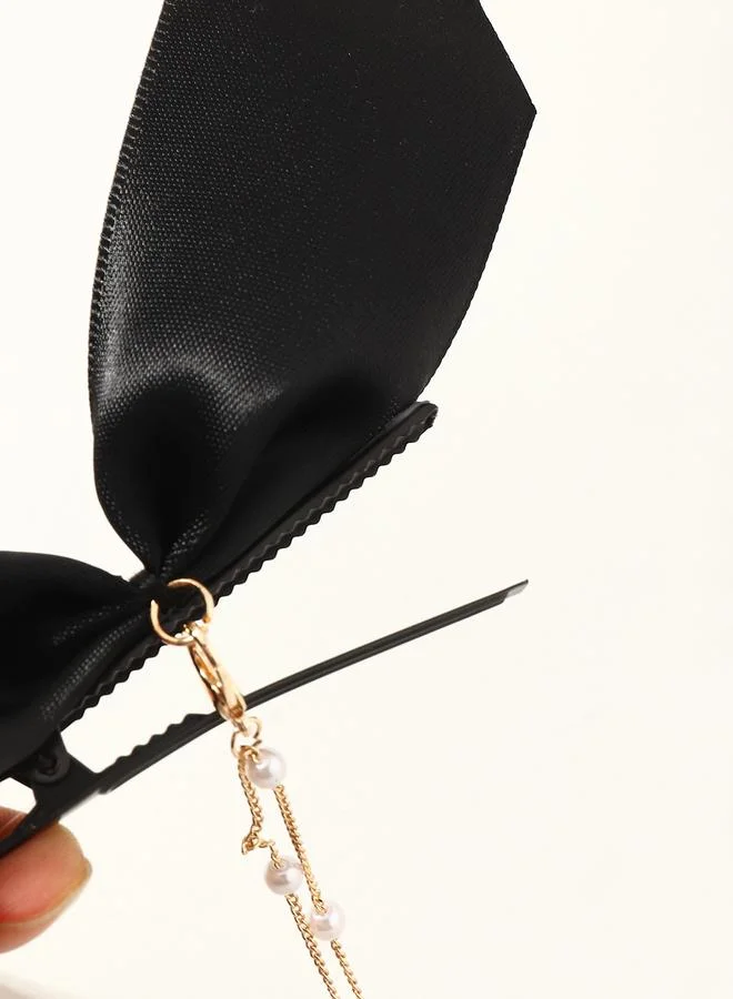 تايك تو Pack of 2 - Black Bow Hair Clip with Pearl Chain Charm
