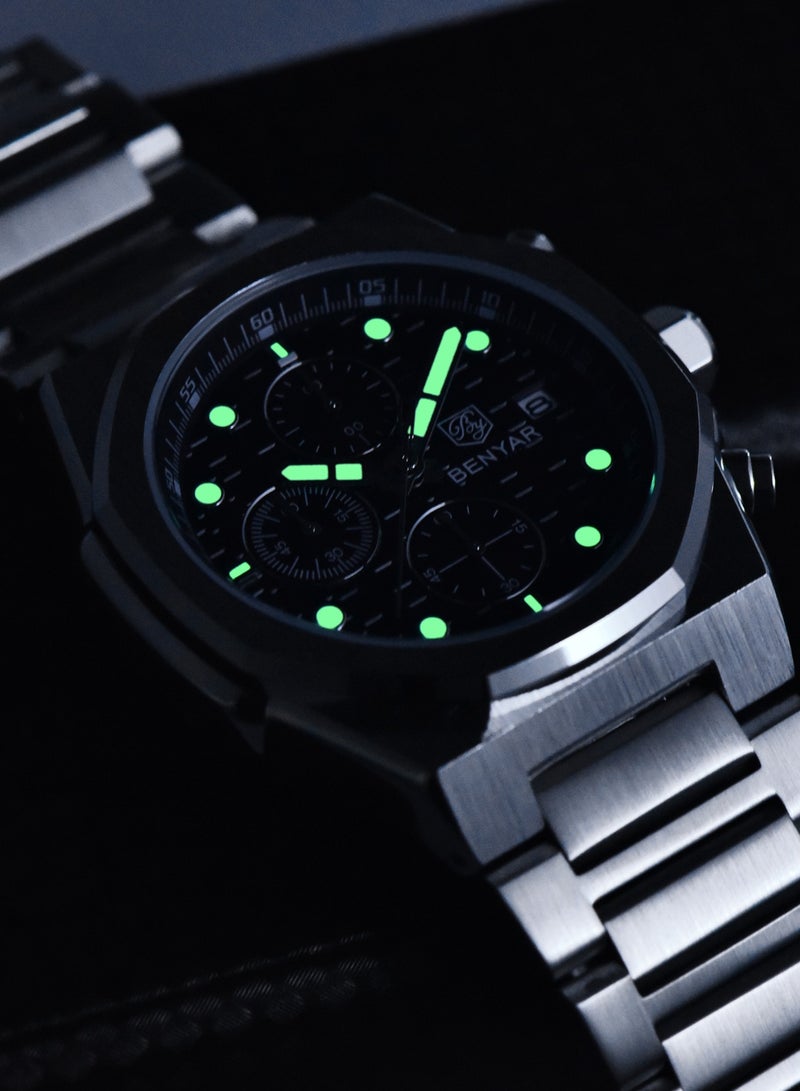 BENYAR Men's Quartz Chronograph Watches, 40MM Stainless Steel Frame, Stainless Steel Strap, Chronograph Dial, Date Display, Men's Business Fashion Watch - Image 3