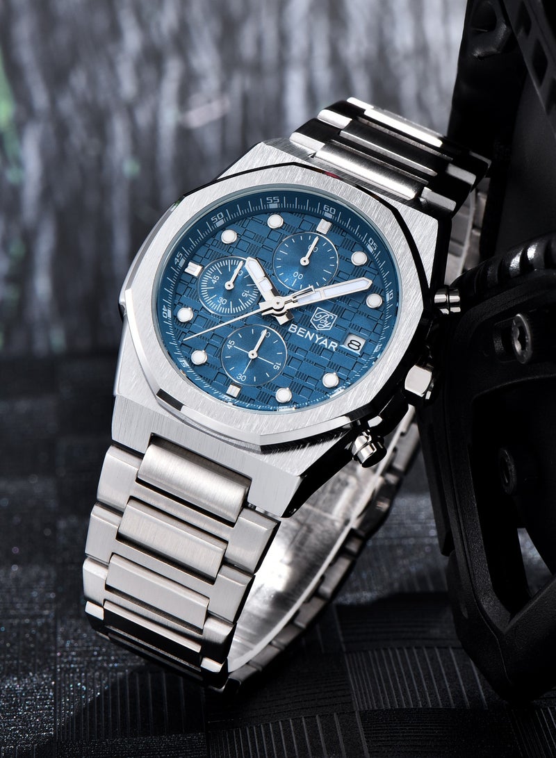 BENYAR Men's Quartz Chronograph Watches, 40MM Stainless Steel Frame, Stainless Steel Strap, Chronograph Dial, Date Display, Men's Business Fashion Watch - Image 4
