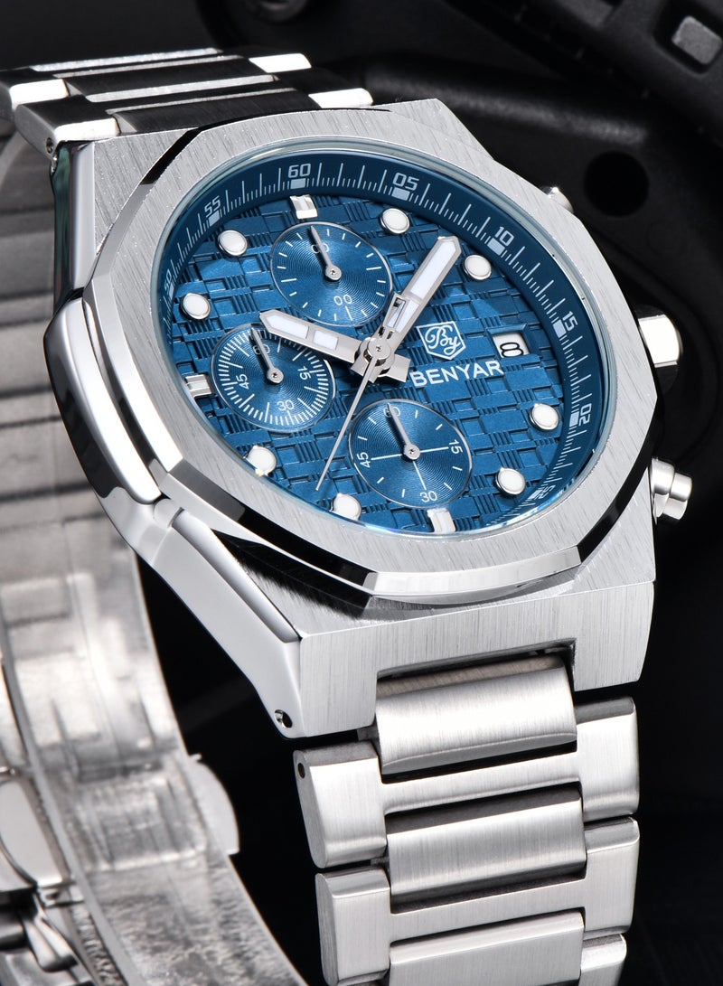 BENYAR Men's Quartz Chronograph Watches, 40MM Stainless Steel Frame, Stainless Steel Strap, Chronograph Dial, Date Display, Men's Business Fashion Watch - Image 5