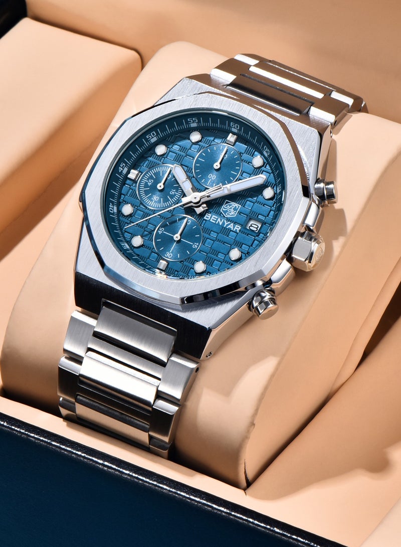 BENYAR Men's Quartz Chronograph Watches, 40MM Stainless Steel Frame, Stainless Steel Strap, Chronograph Dial, Date Display, Men's Business Fashion Watch - Image 1