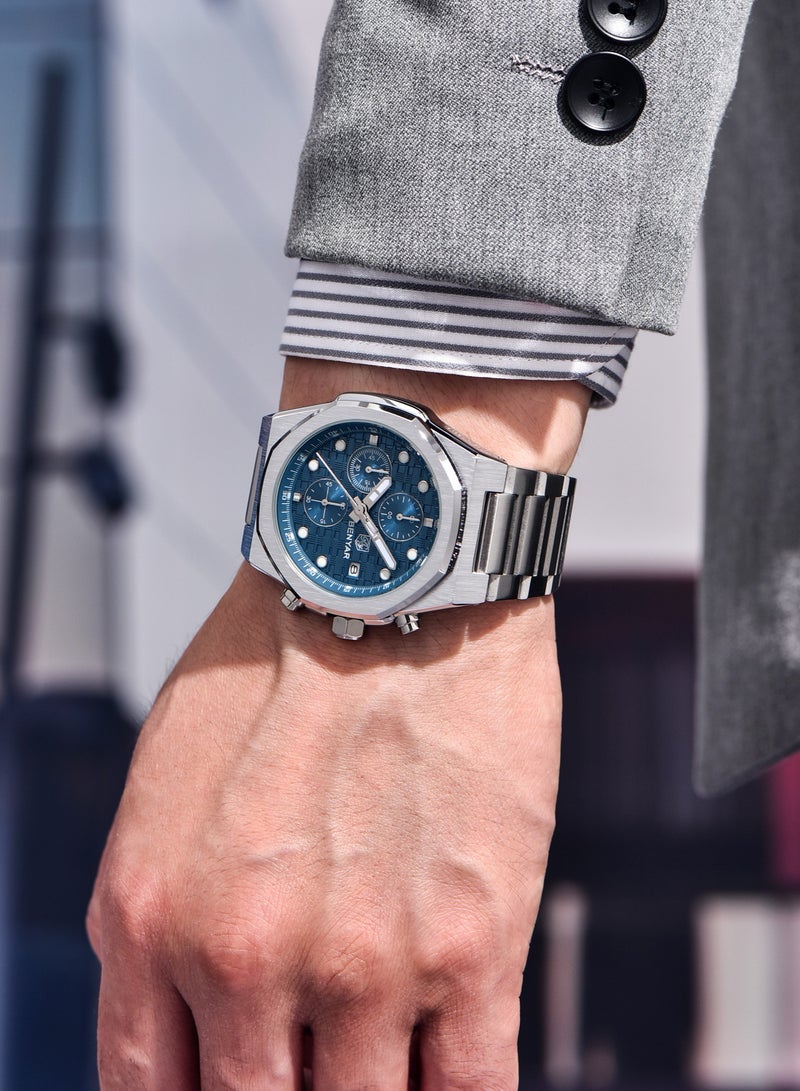 BENYAR Men's Quartz Chronograph Watches, 40MM Stainless Steel Frame, Stainless Steel Strap, Chronograph Dial, Date Display, Men's Business Fashion Watch - Image 2