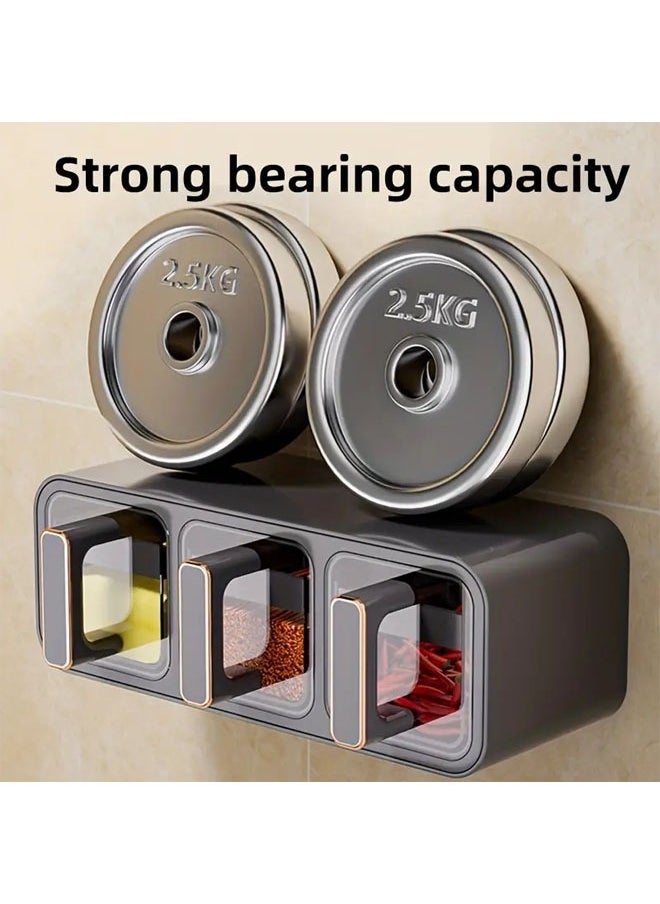 Hihonor - Seasoning Box with Handle and Spoon, Horizontal and Vertical Dual-use Wall Mounted Sealed Seasoning Set, Adhesive Wall Mount Spice Rack, Cruet Condiment Containers Storage Rack (Grey, Three Squares One) - Image 1