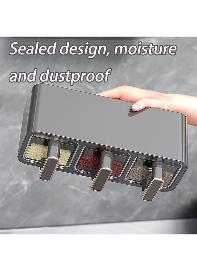 Hihonor - Seasoning Box with Handle and Spoon, Horizontal and Vertical Dual-use Wall Mounted Sealed Seasoning Set, Adhesive Wall Mount Spice Rack, Cruet Condiment Containers Storage Rack (Grey, Three Squares One) - Image 1