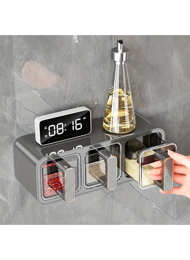 Hihonor - Seasoning Box with Handle and Spoon, Horizontal and Vertical Dual-use Wall Mounted Sealed Seasoning Set, Adhesive Wall Mount Spice Rack, Cruet Condiment Containers Storage Rack (Grey, Three Squares One) - Image 1