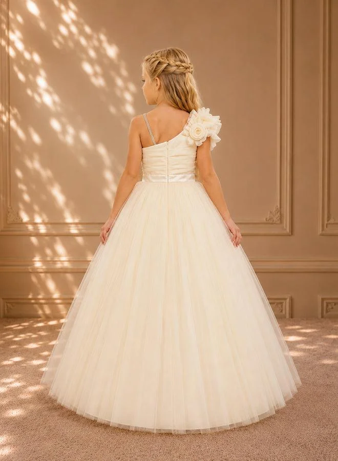 فيا بامبينو Gold One-Shoulder Rosette Tulle Gown 4106