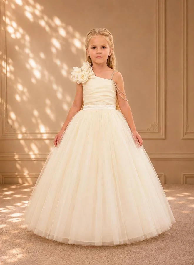 فيا بامبينو Gold One-Shoulder Rosette Tulle Gown 4106