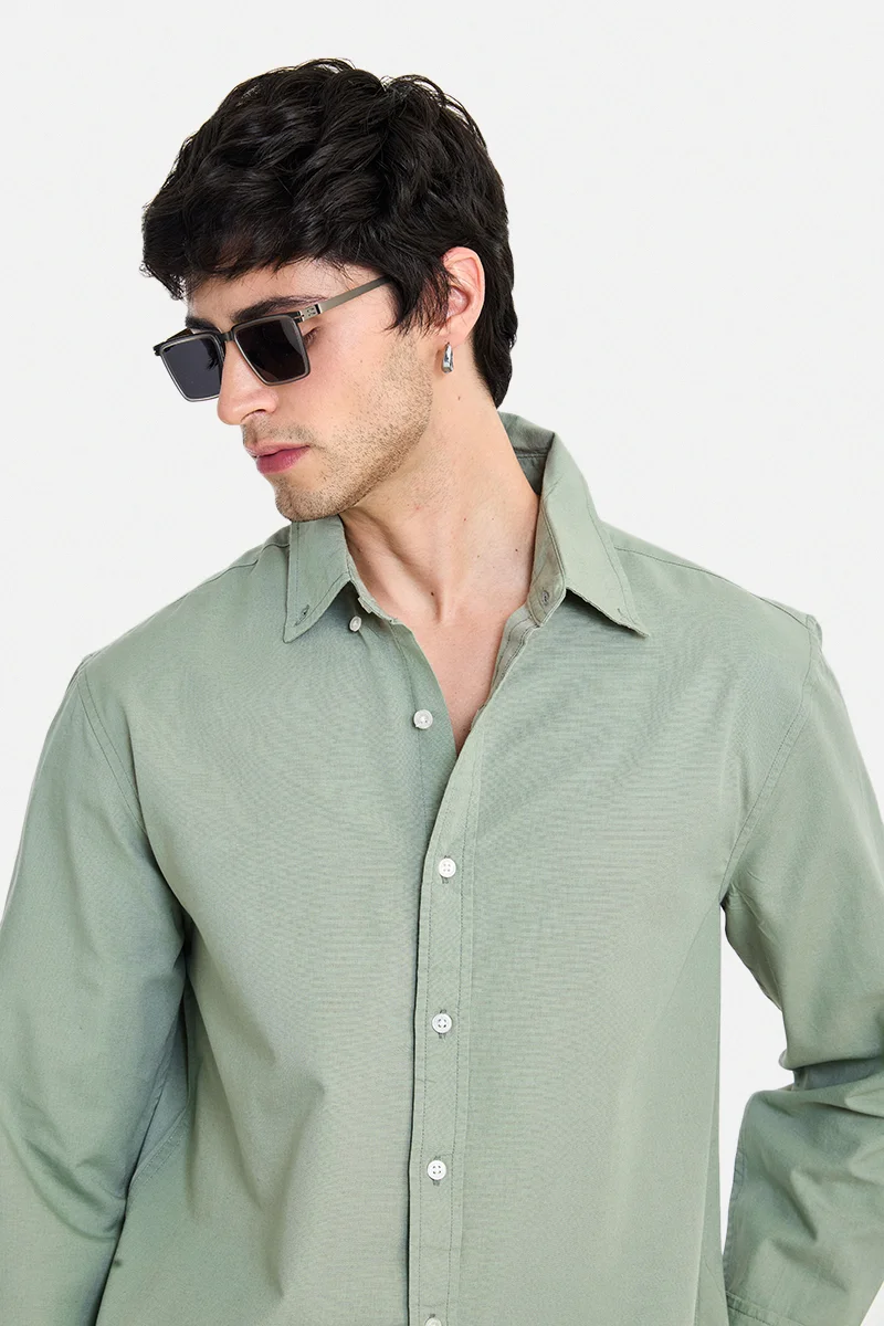 SNITCH Sage Green Solid Long Sleeve Regular Fit Shirt
