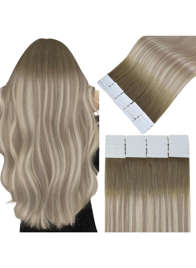 Easyouth Tape in Hair Extensions Balayage Invisible Tape in Hair Extensions Human Hair Light Brown Balayage Ash Blonde with Brown Hair Extension Real Human Hair Tapes in 16 Inch 20pcs - Image 2