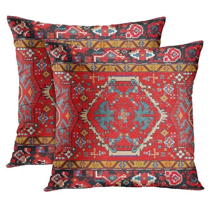 THROW PILLOW COVERS AZTEC KILIM HOME ART DECOR 18 X 18 INCHES SET OF 2 CUSHION COUCH SOFA CASES ABSTRACT OIL PAINTING PILLOWCASES FOR BEDROOM LIVING ROOM ETHNIC DECORATIVE RED TRIBAL