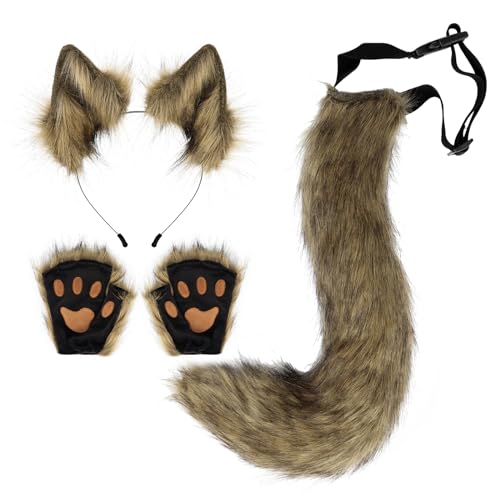 HAOAN Faux Fur Wolf Ears Headband Fox Tail and Paw Gloves Set Cosplay Halloween Costume Accessories - Image 1