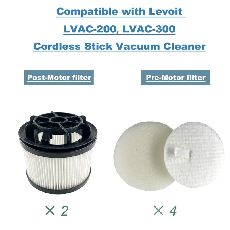 Dttery Filter Replacement for Levoit LVAC-200, LVAC-300 Cordless Stick Vacuum, LSV-V201-WUS, LSV-V202PE-BUS, 4 Pre-Motor, 2 Post-Motor Filters - Image 2