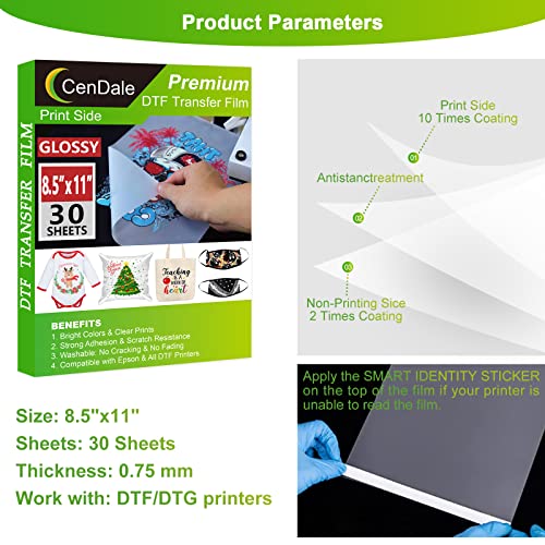 CenDale 𝐏𝐫𝐞𝐦𝐢𝐮𝐦 DTF Transfer Film 8.5"x11" - 30 Sheets Single-Sided 𝐆𝐥𝐨𝐬𝐬𝐲 Clear PreTreat Sheets PET Heat Transfer Paper for DIY Direct Print on All Fabric and Colors T-Shirts Textile - Image 2