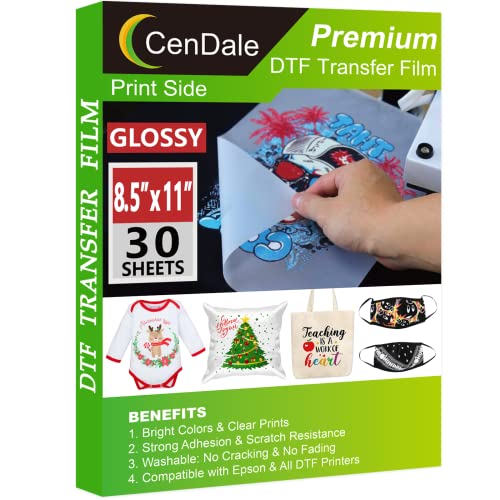 CenDale 𝐏𝐫𝐞𝐦𝐢𝐮𝐦 DTF Transfer Film 8.5"x11" - 30 Sheets Single-Sided 𝐆𝐥𝐨𝐬𝐬𝐲 Clear PreTreat Sheets PET Heat Transfer Paper for DIY Direct Print on All Fabric and Colors T-Shirts Textile - Image 1