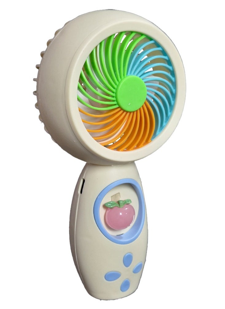 Mini handheld fan HQ66-30A, cute design with bright colors, small size and easy to carry by hand or put in bag, equipped with USB rechargeable battery, on/off button one speeds , nice summer and birthday gift for kids and adults, high quality and easy to use