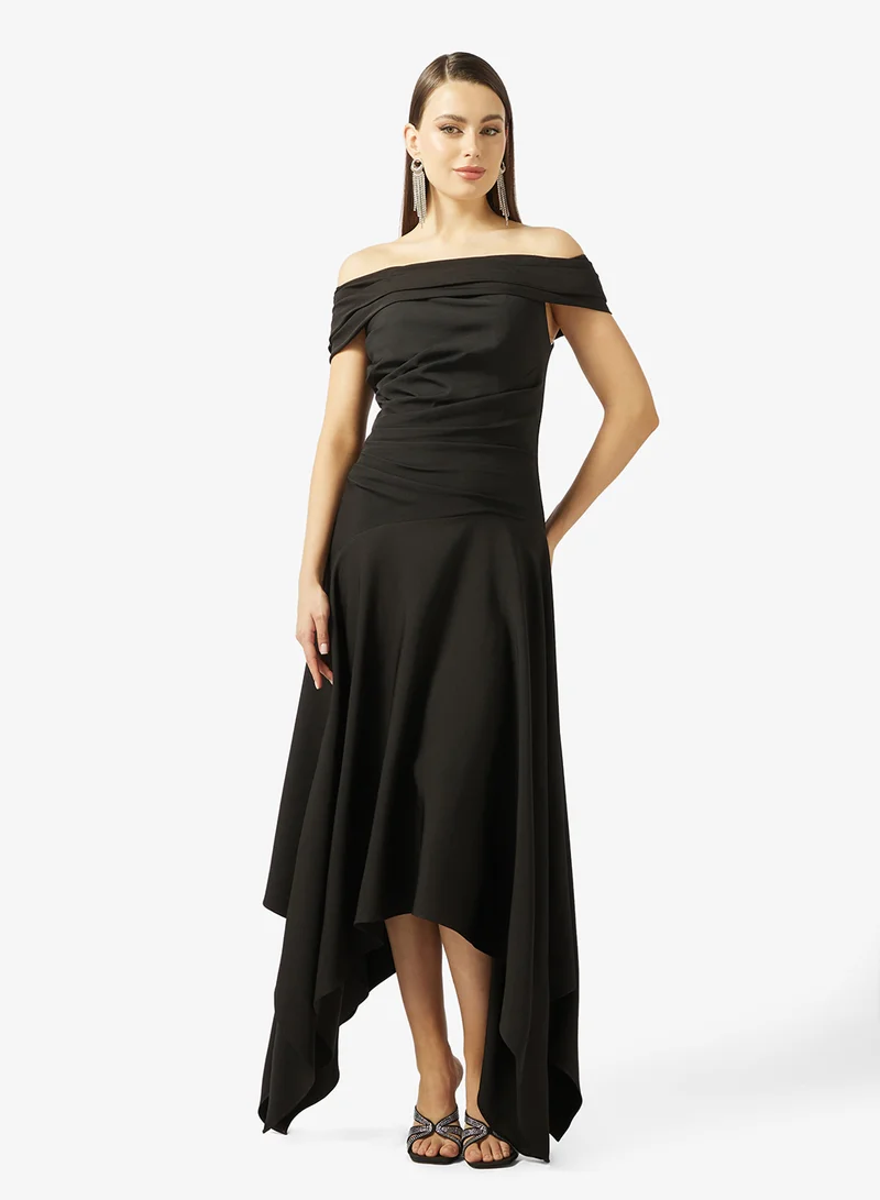 Drop Shoulder Draped Evening Crepe Dress