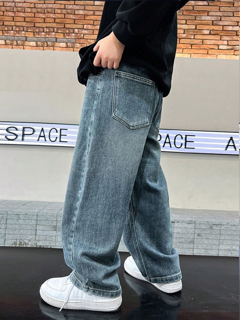 Verdusa Boys Jeans Baggy Straight Leg Elastic Waist Loose Denim Pants with Pockets Blue 8 Years - Image 2