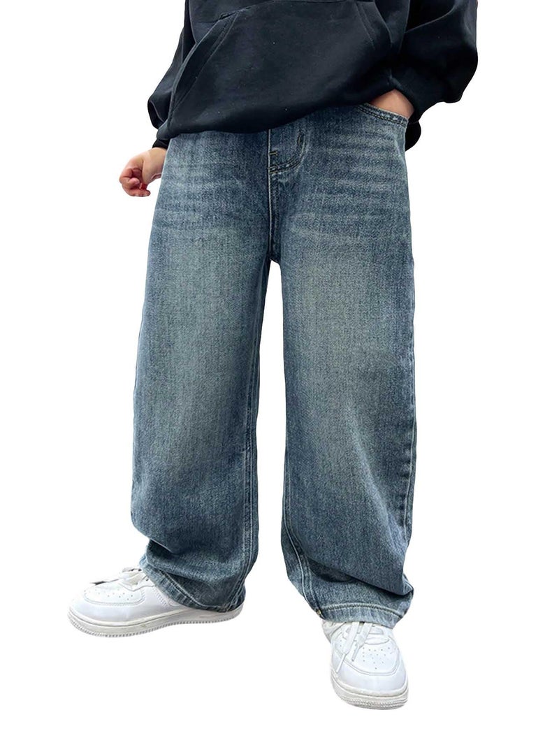 Verdusa Boys Jeans Baggy Straight Leg Elastic Waist Loose Denim Pants with Pockets Blue 8 Years - Image 1