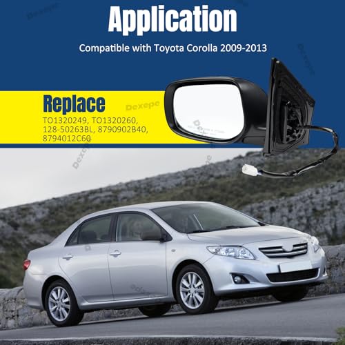Dexepe Driver Side Mirror Assembly Compatible with Toyota Corolla 2009-2013 Non-heated Power Adjustable Glass Replace 8790902B40, TO1320249, TO1320260, 128-50263BL Black (3Pin Left) - Image 5