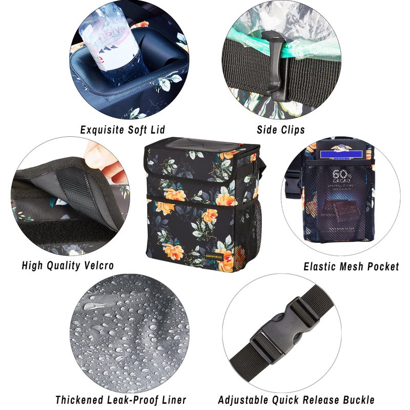 SIBOFUEGO Cute Car Trash Can with Lid â€“ Multipurpose Collapsible Trash Bin for Car, Leak-Proof Organizer, Waterproof Garbage Can with Storage Pockets & Adjustable Straps, 2 Gallons (Flower) - Image 5