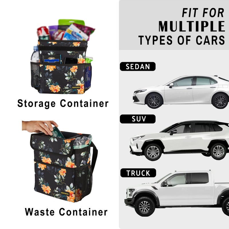 SIBOFUEGO Cute Car Trash Can with Lid â€“ Multipurpose Collapsible Trash Bin for Car, Leak-Proof Organizer, Waterproof Garbage Can with Storage Pockets & Adjustable Straps, 2 Gallons (Flower) - Image 4