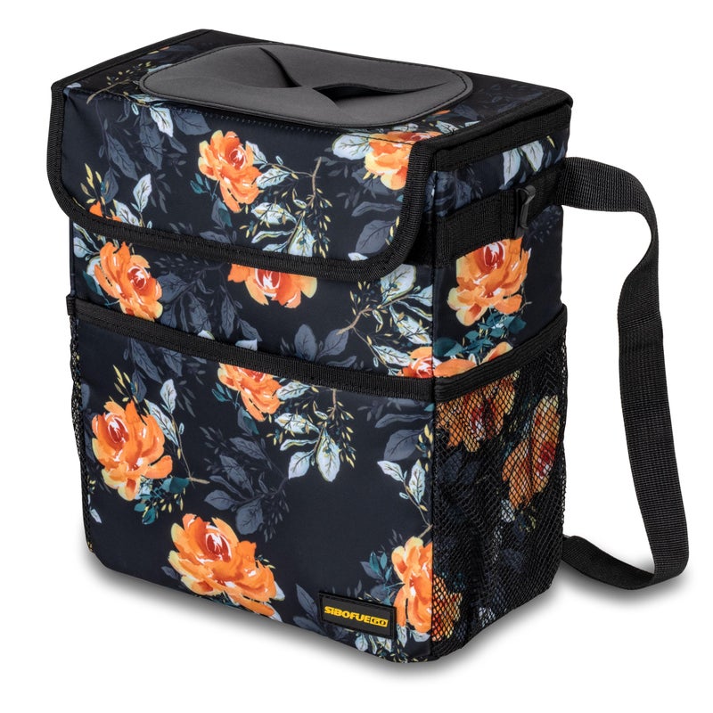 SIBOFUEGO Cute Car Trash Can with Lid â€“ Multipurpose Collapsible Trash Bin for Car, Leak-Proof Organizer, Waterproof Garbage Can with Storage Pockets & Adjustable Straps, 2 Gallons (Flower) - Image 1