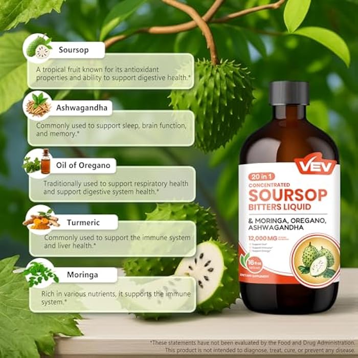 VEV Soursop Bitters Liquid, Graviola Extract Sugar-Free Formula, 20 IN 1, with Black Seed, Moringa & Oregano, Digestive Health & Immune Function, Stress Relief, Sleep Support, Vegan -16 oz - Image 3