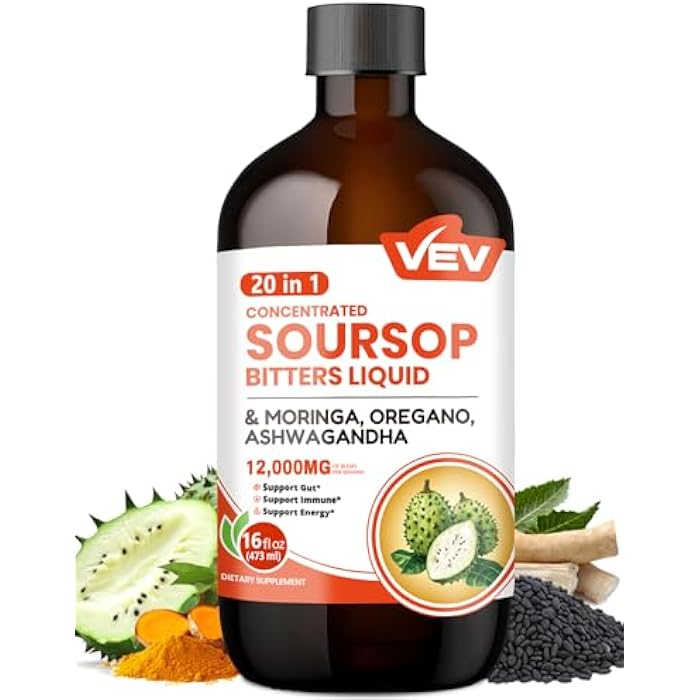 VEV Soursop Bitters Liquid, Graviola Extract Sugar-Free Formula, 20 IN 1, with Black Seed, Moringa & Oregano, Digestive Health & Immune Function, Stress Relief, Sleep Support, Vegan -16 oz - Image 1