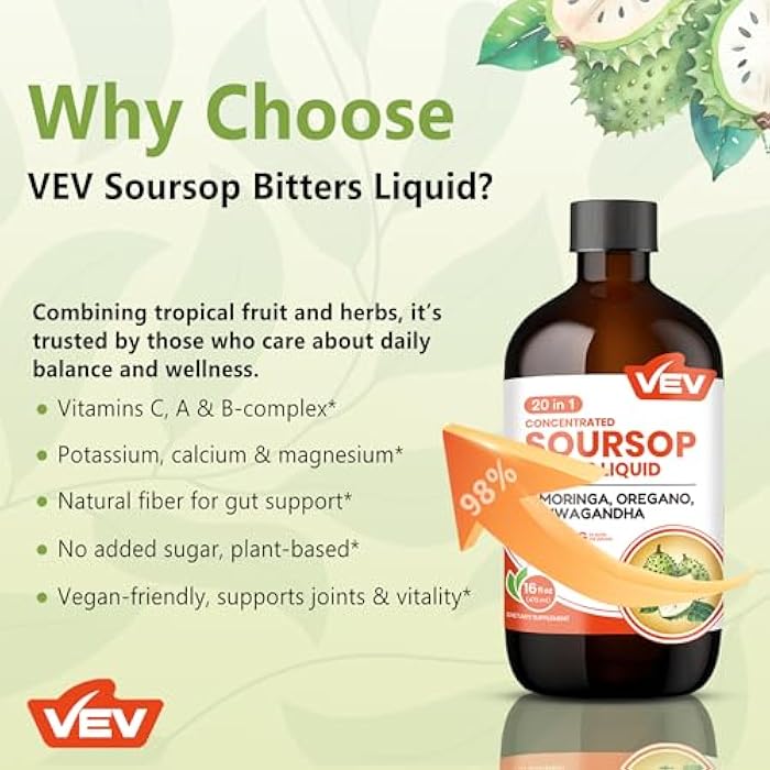 VEV Soursop Bitters Liquid, Graviola Extract Sugar-Free Formula, 20 IN 1, with Black Seed, Moringa & Oregano, Digestive Health & Immune Function, Stress Relief, Sleep Support, Vegan -16 oz - Image 5